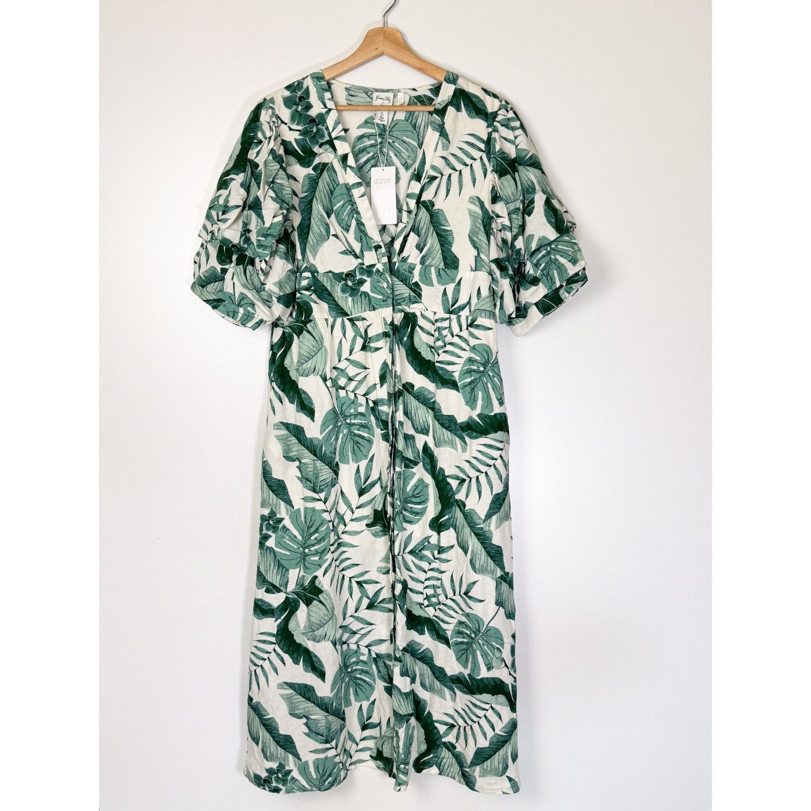 Johanna Ortiz X H&M Leaf Print Linen Blend Dress Large Nwt Tropical Midi — image 5 of 8